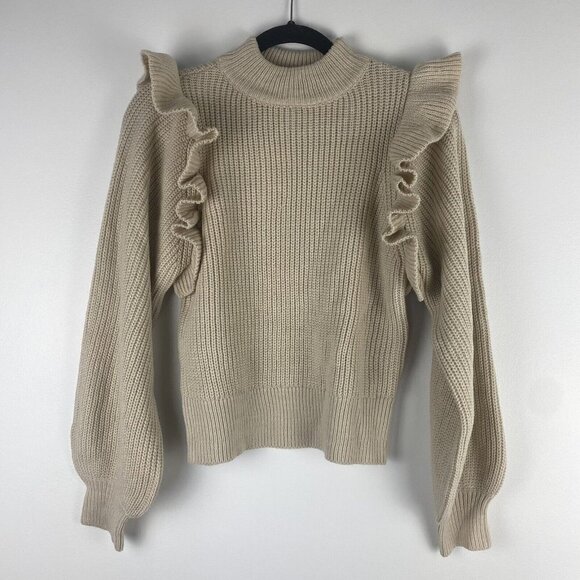 Fab'rik Women's Ruffle Puff Sleeve Sweater Size S Pullover Cream Crewneck Knit - Picture 1 of 8